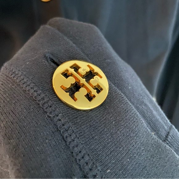 Tory Burch Logo Button V-Neck Cardigan in Navy - Picture 7 of 8